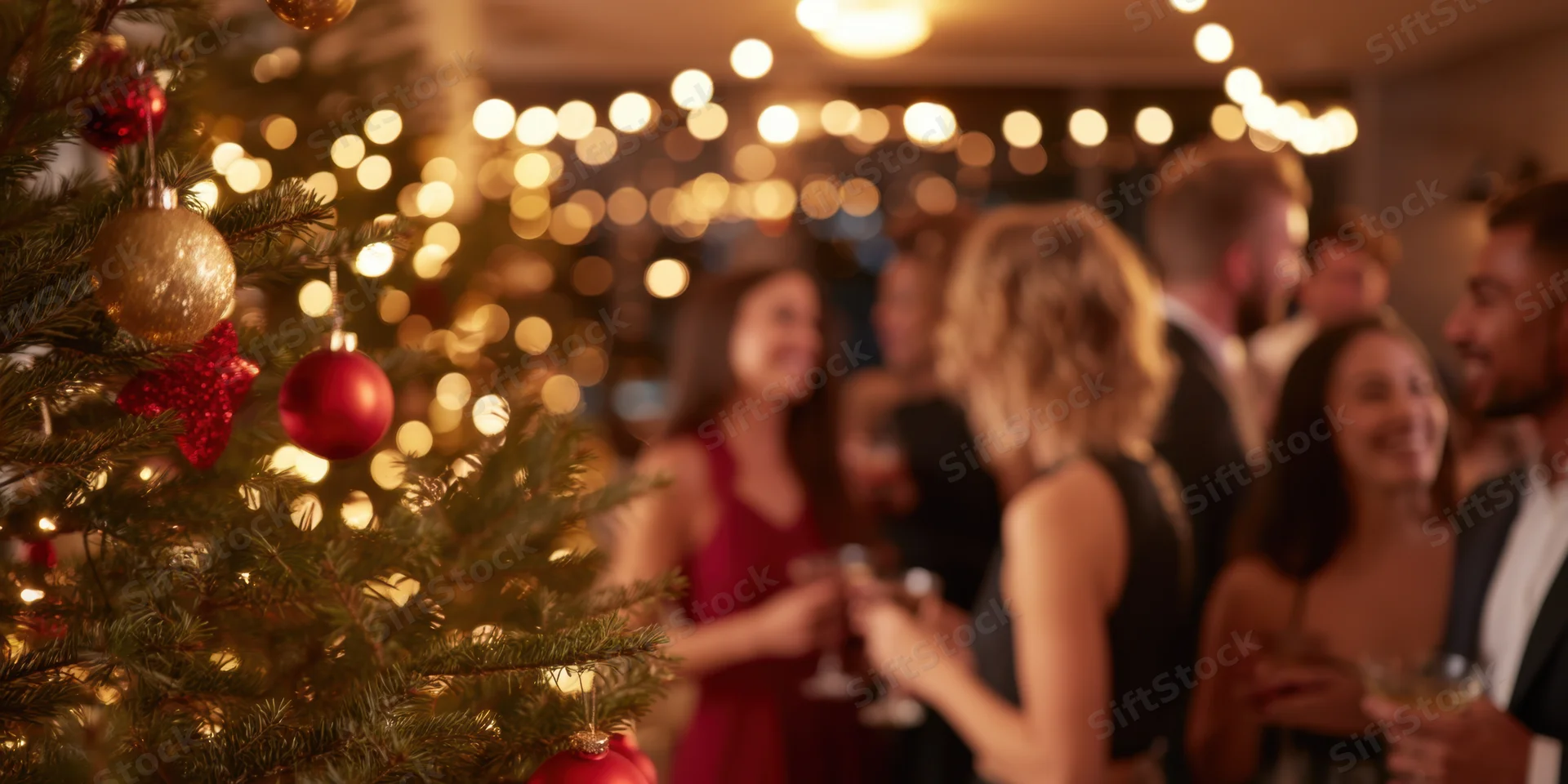 Christmas tree with red and gold ornaments in foreground at indoor holiday party with guests holding drinks and smiling in background