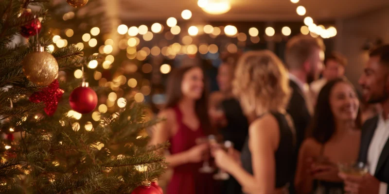 Christmas tree with red and gold ornaments in foreground at indoor holiday party with guests holding drinks and smiling in background