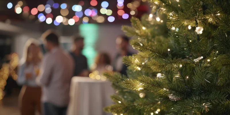 Christmas tree with lights in foreground at indoor party with blurred guests in background