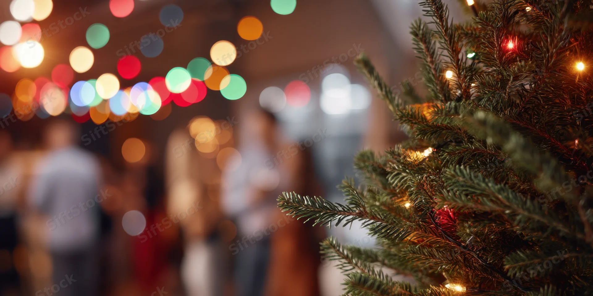 Close-up of a christmas tree branch with warm lights, blurred party guests in the background