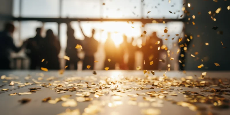 Golden confetti falling on a table in an office with silhouetted people celebrating in the background