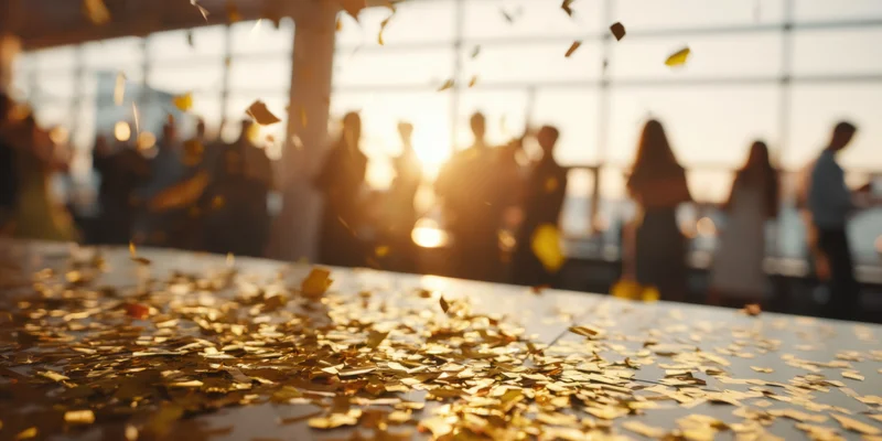 Golden confetti scattered on a table with silhouetted people celebrating indoors at sunset