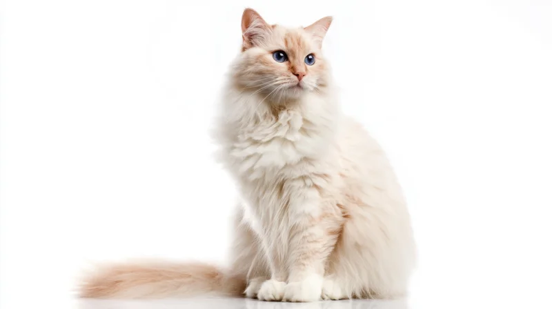 Fluffy cream cat sitting alertly in studio against white background
