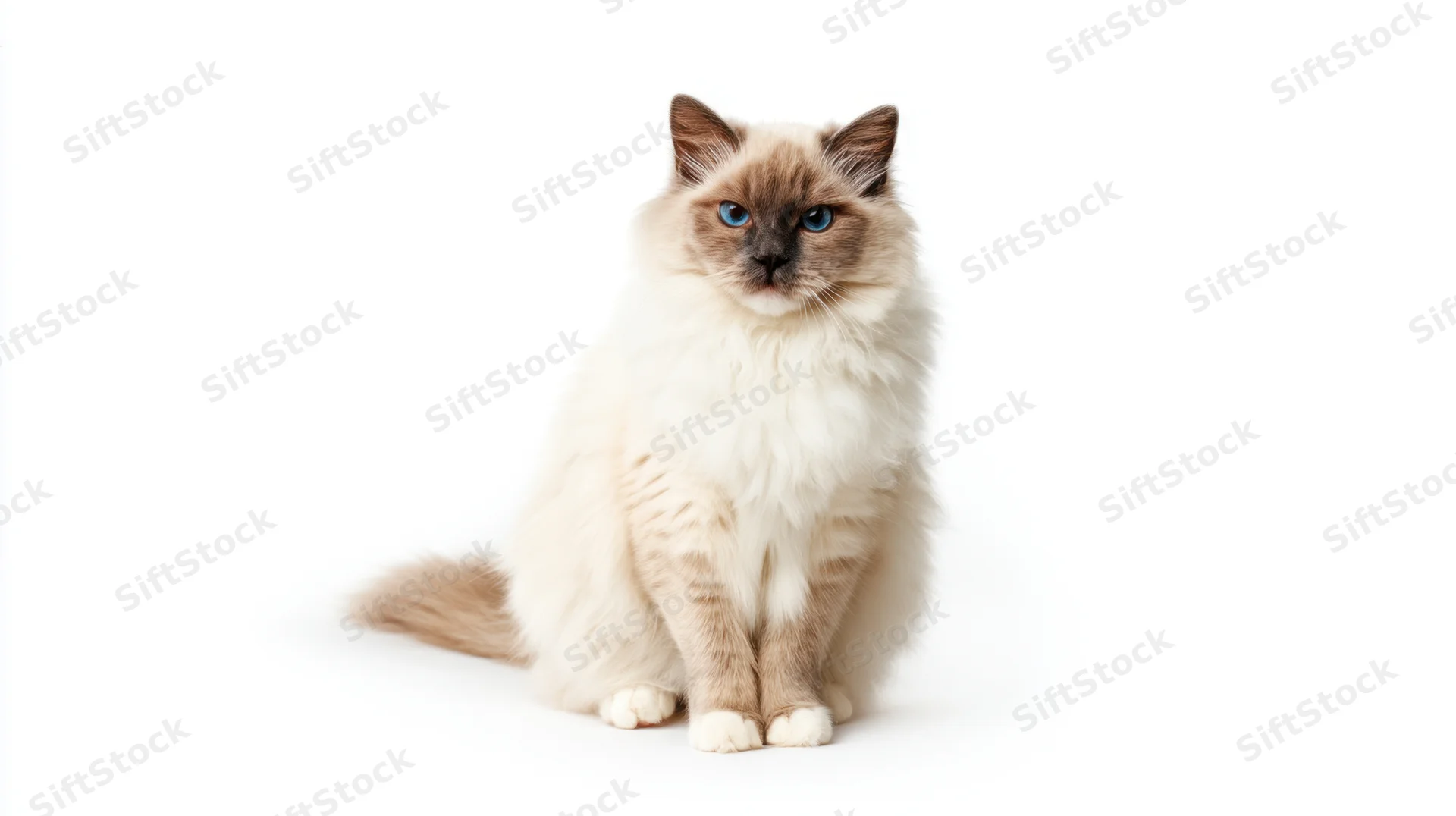 Fluffy cream-colored cat sitting and looking at camera on white background