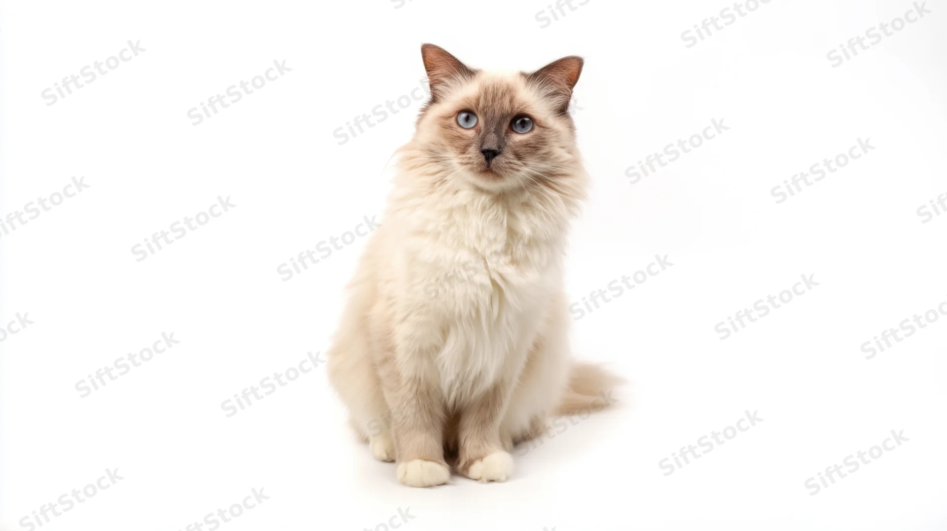 Fluffy cream-colored cat sitting and looking forward in a studio setting