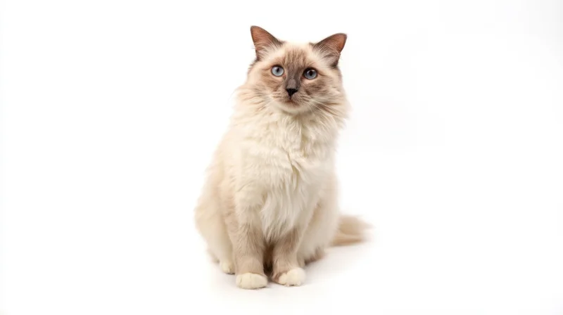 Fluffy cream-colored cat sitting and looking forward in a studio setting