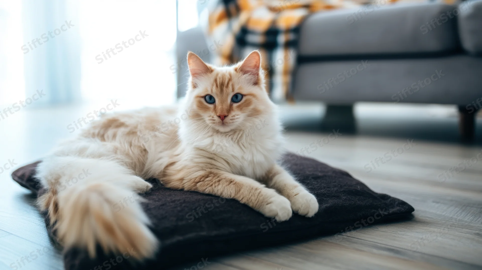 Fluffy cream cat lying on dark cushion on wooden floor in living room