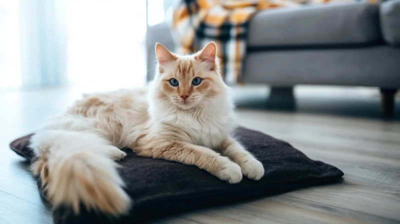 Fluffy cream cat lying on dark cushion on wooden floor in living room