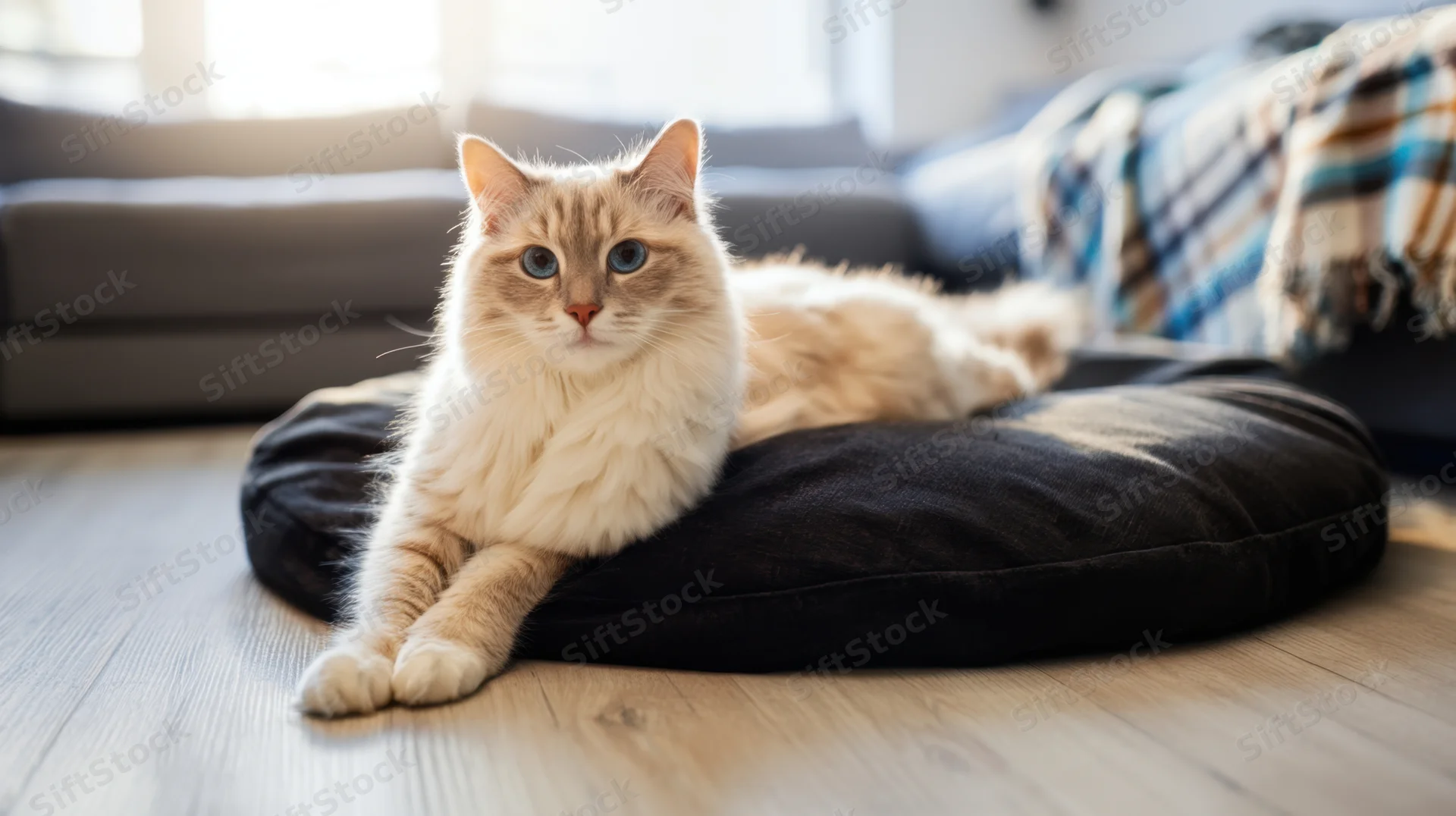 Fluffy cream cat lying on black cushion in living room