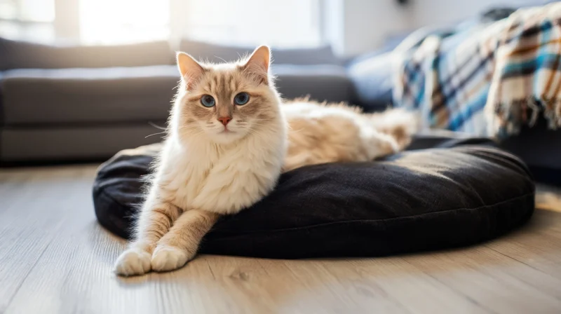 Fluffy cream cat lying on black cushion in living room