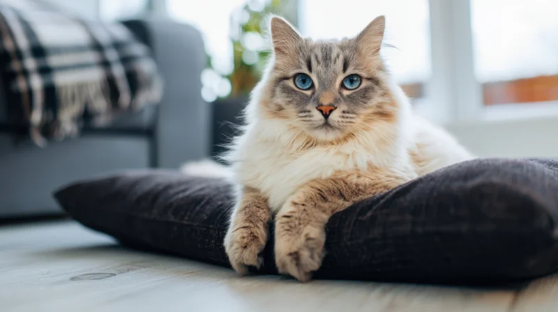 Fluffy cream cat resting on dark cushion in living room