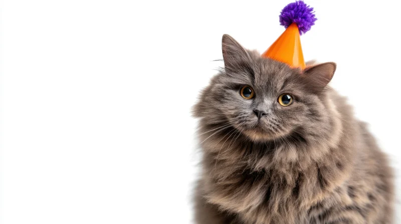 Fluffy gray cat wearing orange party hat with purple pompon, sitting against white background