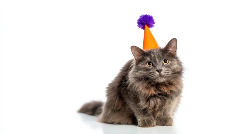 Fluffy gray cat sitting with orange party hat and purple pompon on white background