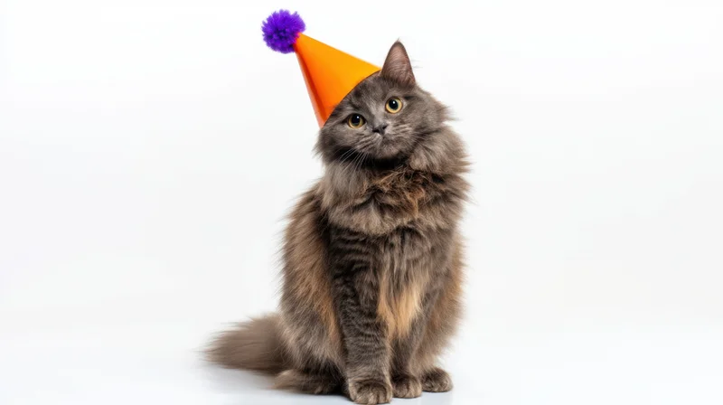Fluffy gray cat sitting with orange party hat and purple pompon on white background