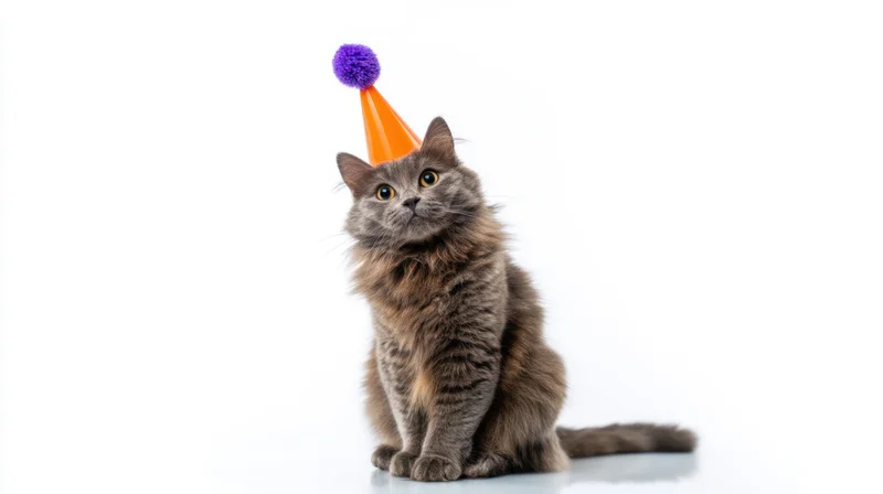 Fluffy gray cat sitting with orange party hat and purple pompon on white background