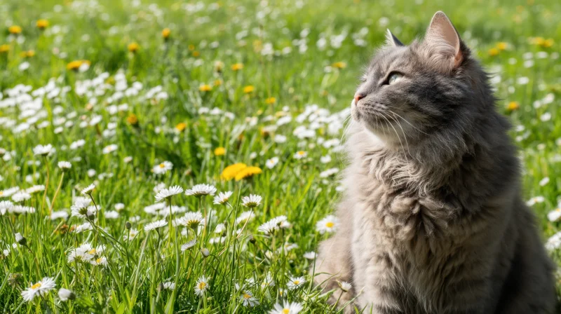 Fluffy gray cat sitting in a grassy meadow with white daisies and yellow flowers on a sunny day