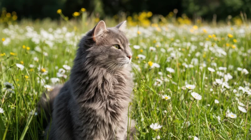 Fluffy gray cat sitting in a meadow with white daisies and yellow flowers, surrounded by green grass in sunlight