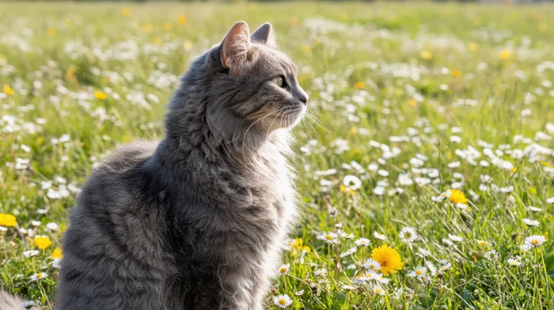 Fluffy gray cat sitting alert in a sunlit meadow filled with white and yellow wildflowers