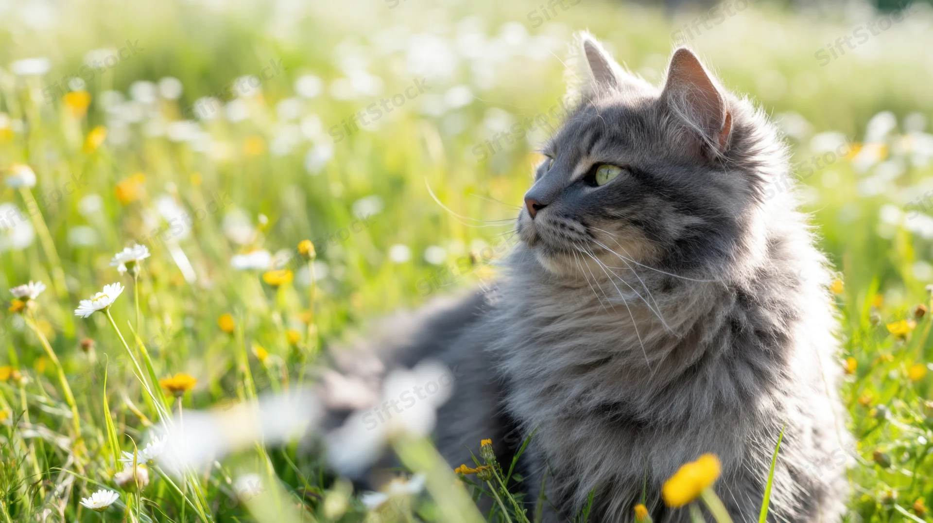 Fluffy gray cat sitting in a sunlit meadow with daisies and wildflowers