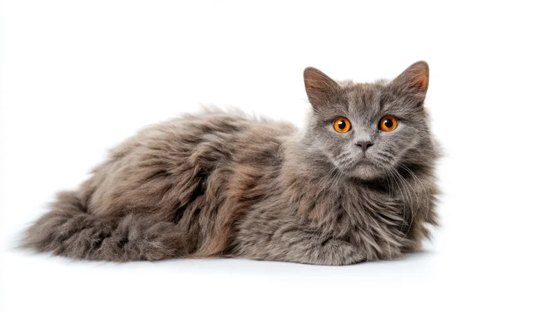 Fluffy gray cat lying on white background, looking directly at camera with orange eyes