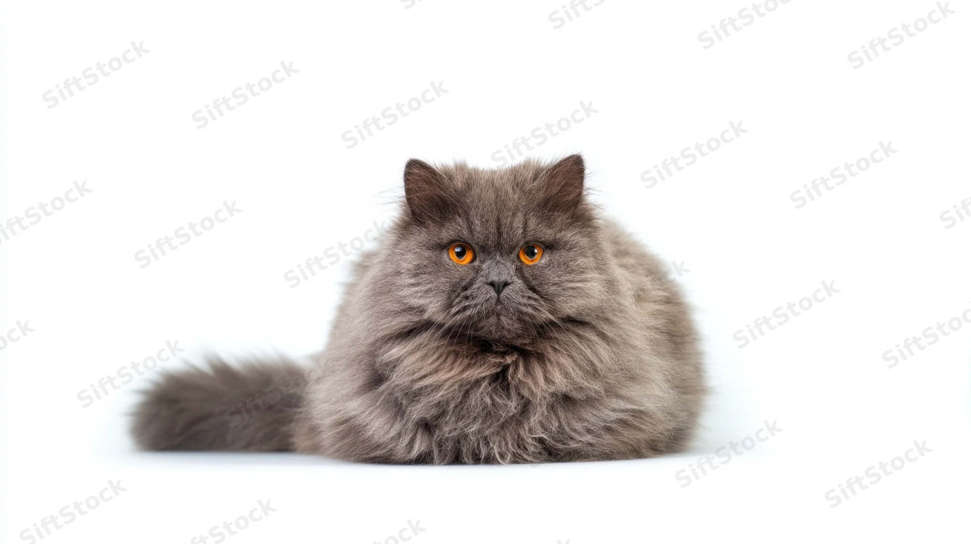 Fluffy gray persian cat sitting calmly in studio against white background