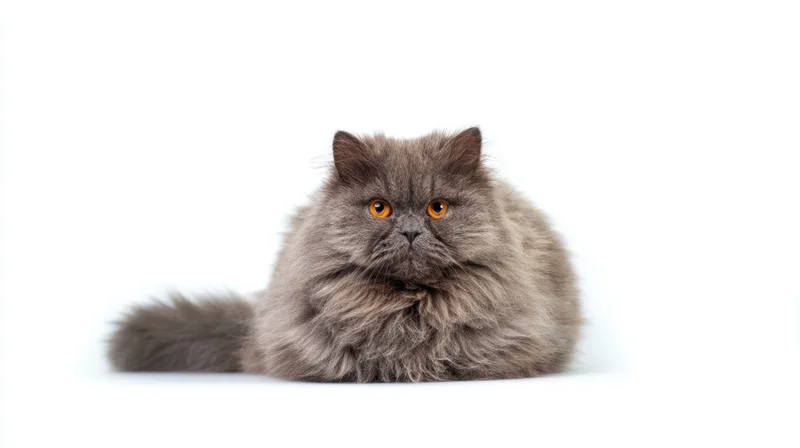 Fluffy gray persian cat sitting calmly in studio against white background