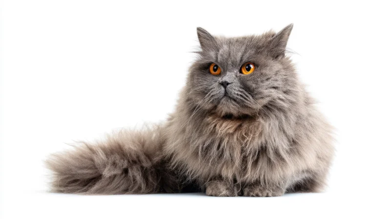 Fluffy gray cat sitting and looking up on white background