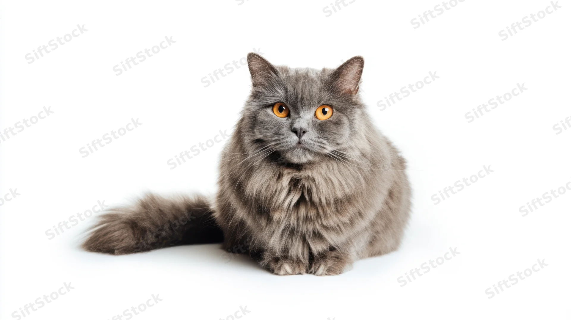 Fluffy gray cat sitting in studio portrait on white background