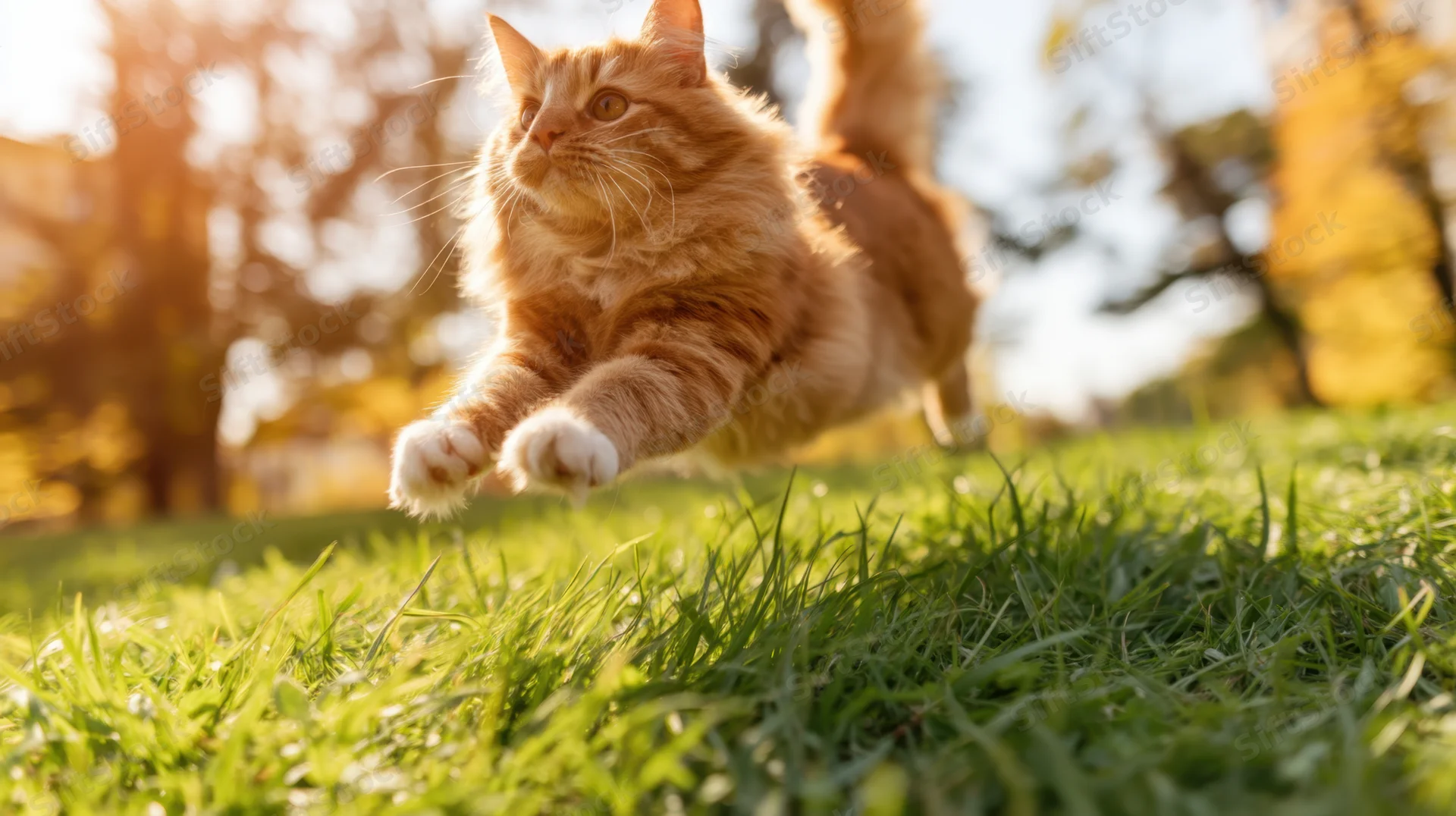 Orange fluffy cat leaping through green grass in a sunlit outdoor garden