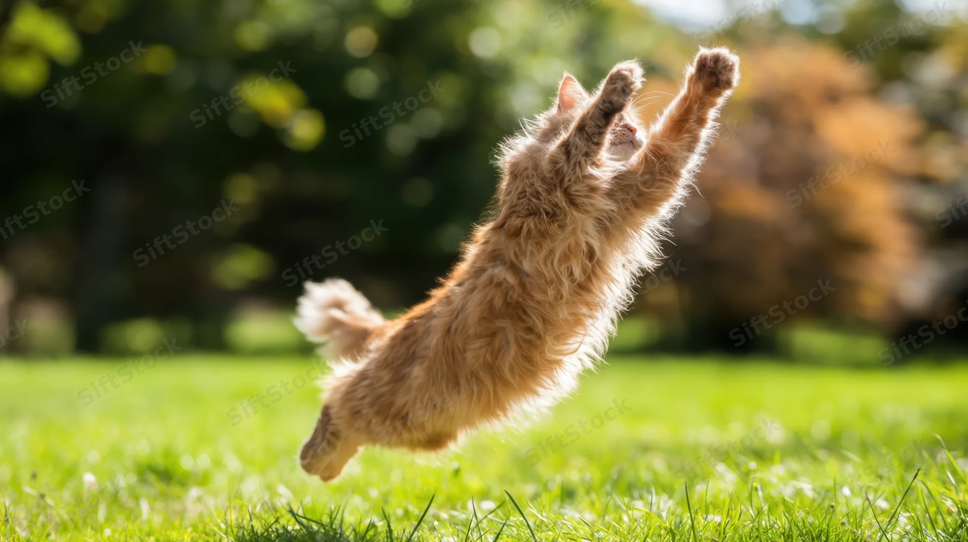Fluffy orange cat leaping in midair over green grass in a sunlit garden