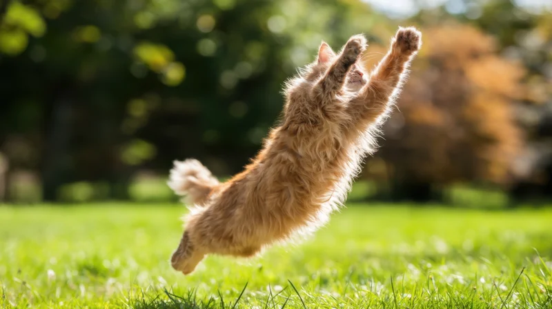Fluffy orange cat leaping in midair over green grass in a sunlit garden