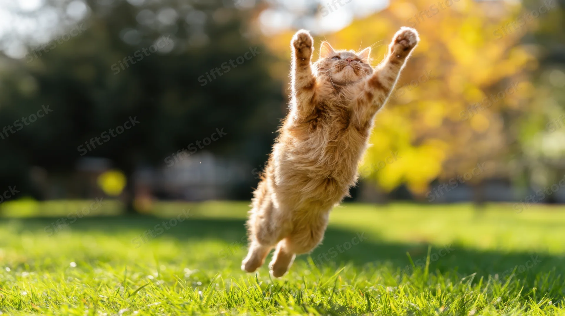 Fluffy orange cat leaping in midair over green grass in a sunlit park during autumn