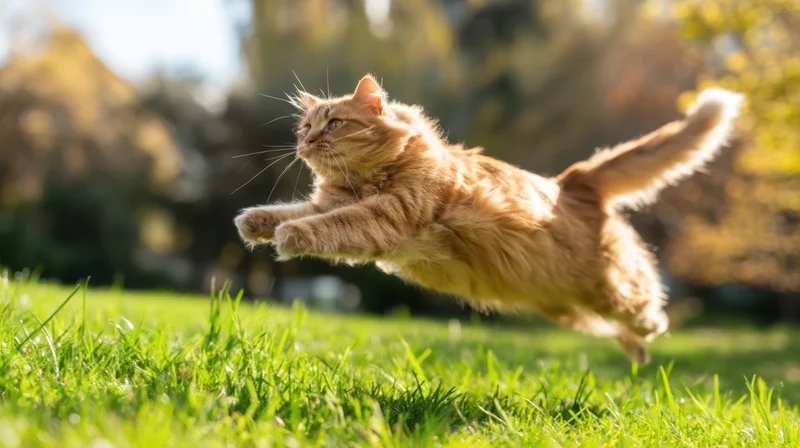 Ginger cat leaping through green grass in a sunlit outdoor setting