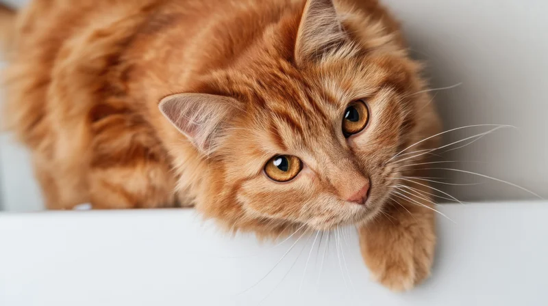 Orange tabby cat resting on white surface with head turned toward camera