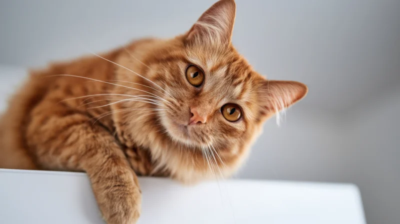 Orange tabby cat resting on white surface with head turned toward camera