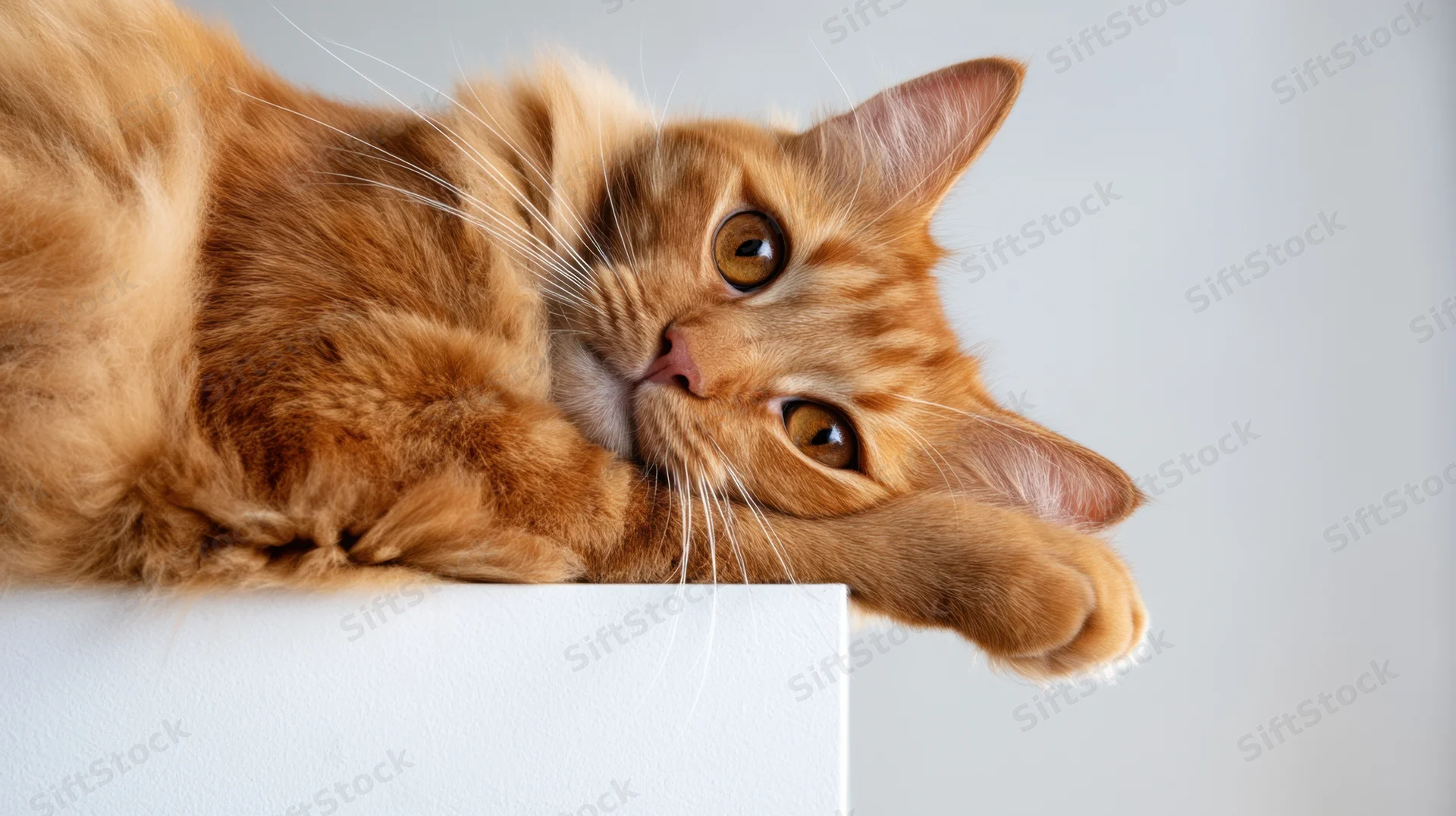 Orange tabby cat lying on white surface with paw extended, looking at camera