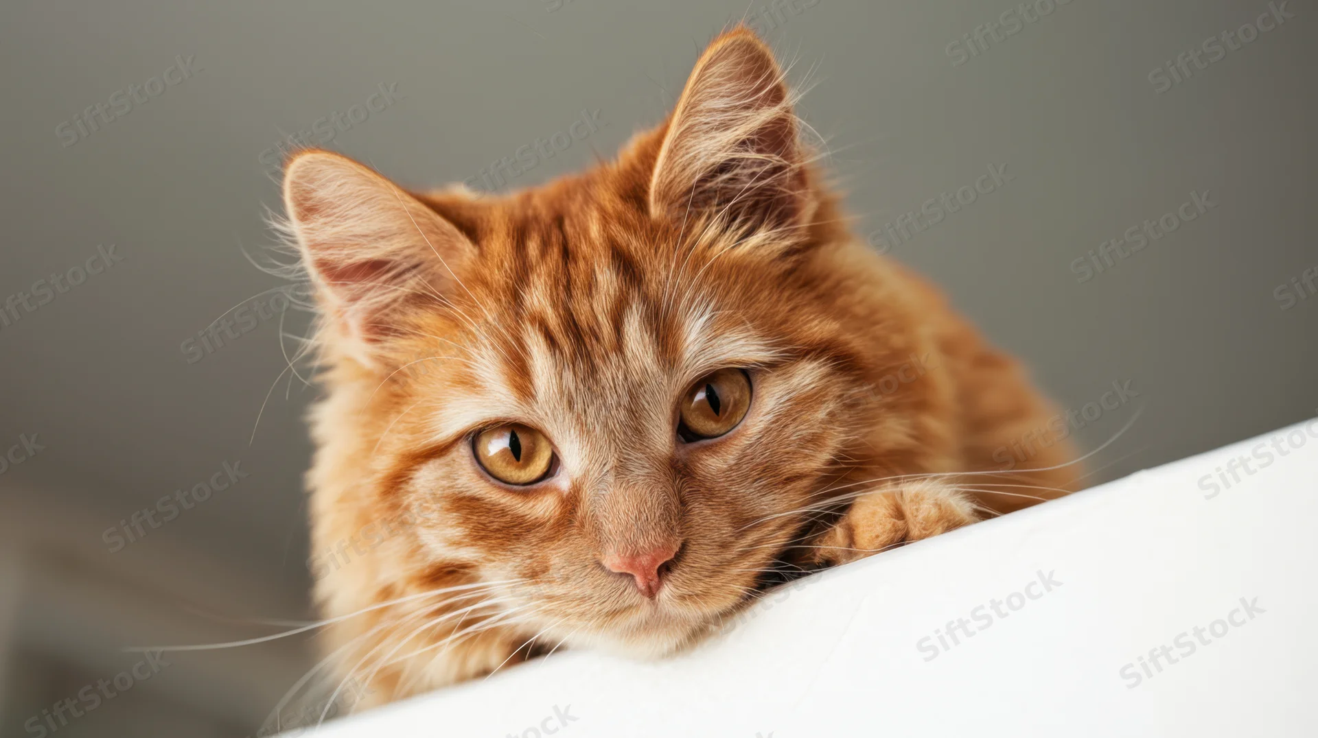 Orange tabby cat peeking over white surface indoors