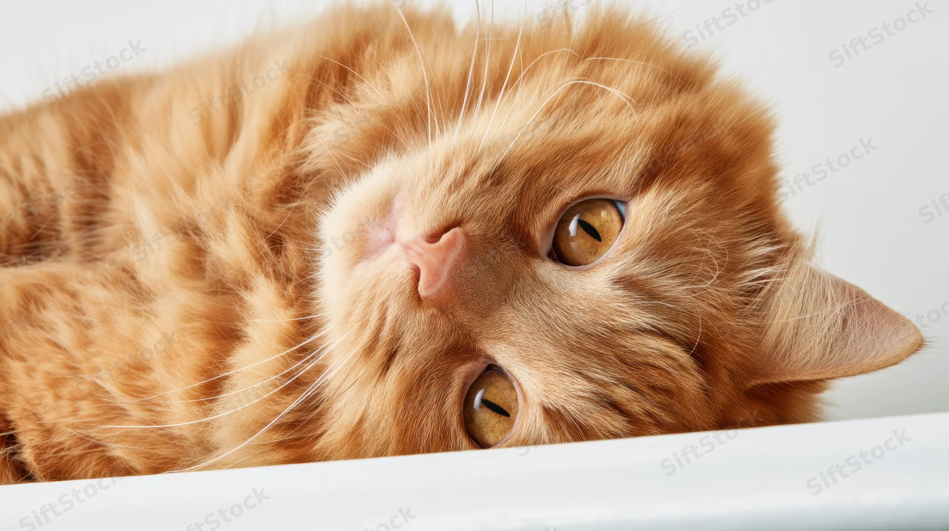 Orange tabby cat lying down with head resting on white surface, looking up with golden eyes