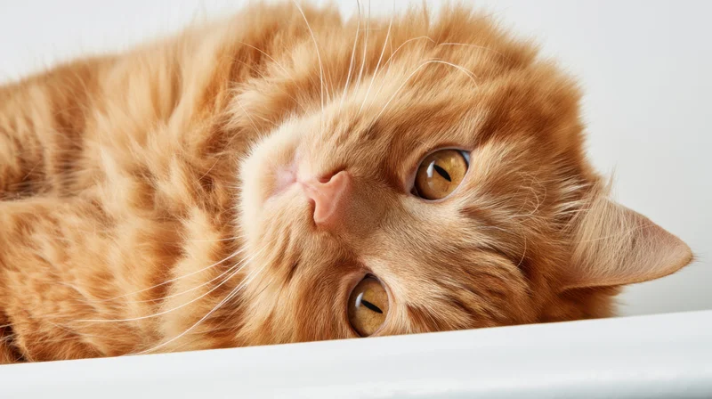 Orange tabby cat lying down with head resting on white surface, looking up with golden eyes
