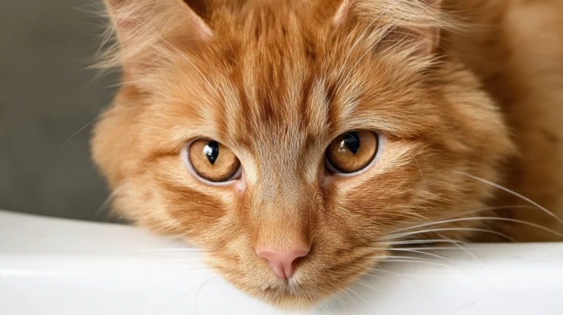 Closeup of an orange tabby cat’s face resting on a white surface, looking directly at the camera