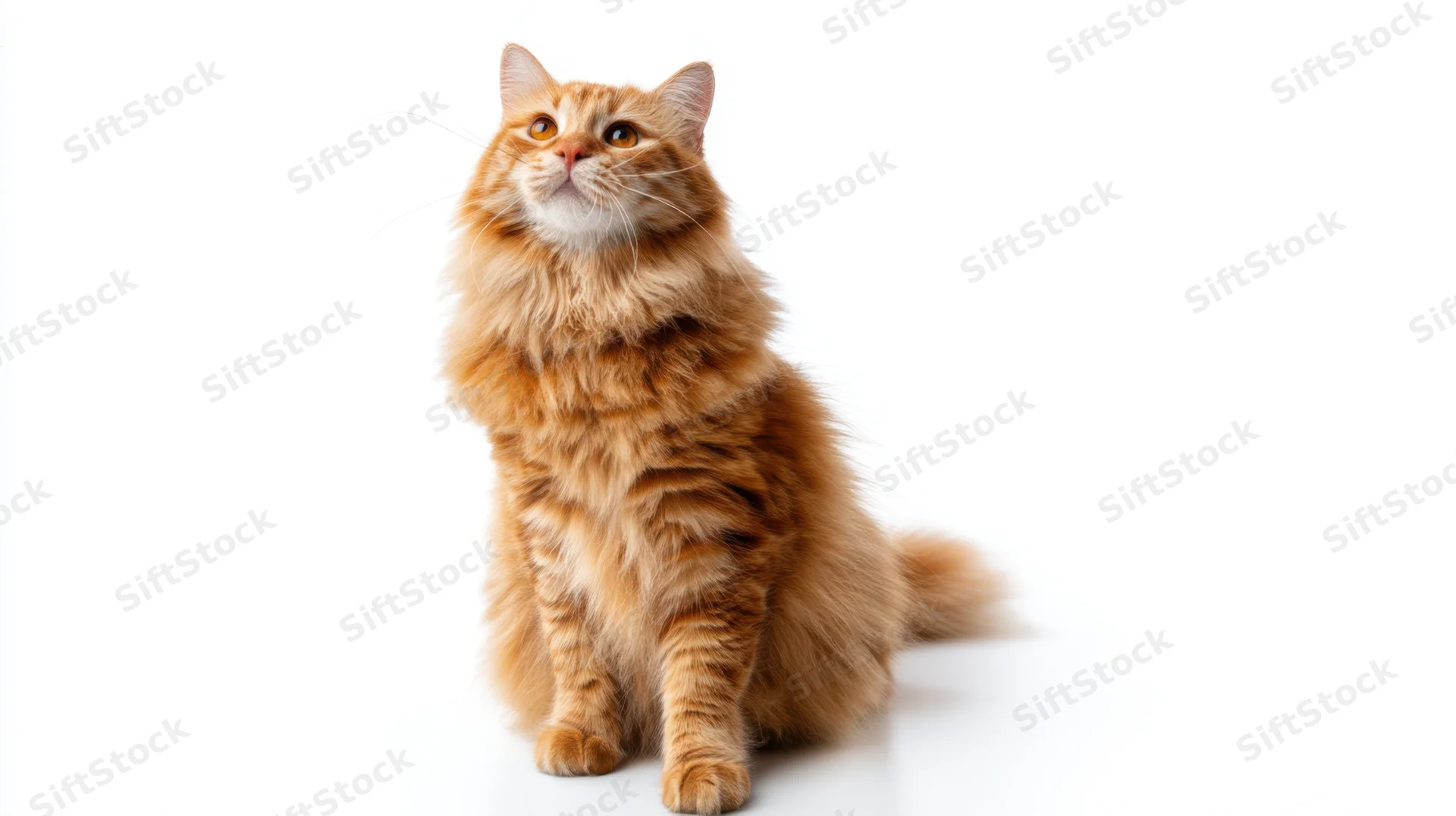 Fluffy orange tabby cat sitting and looking up against white background