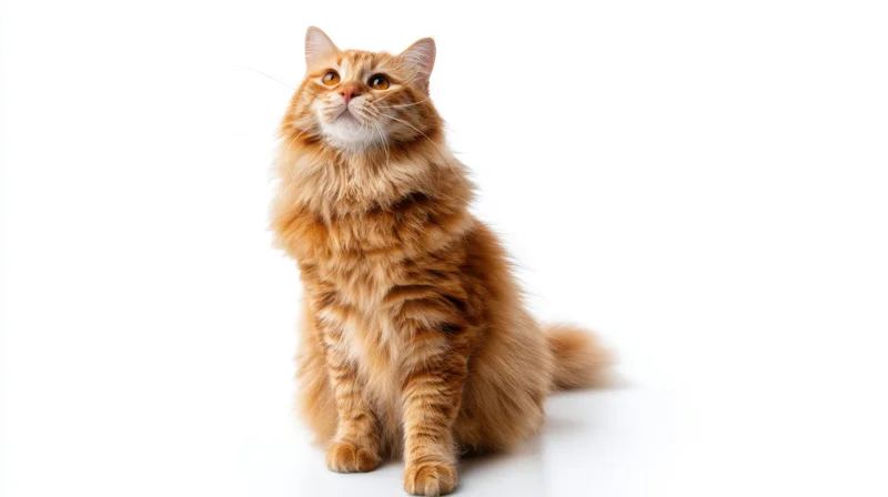 Fluffy orange tabby cat sitting and looking up against white background
