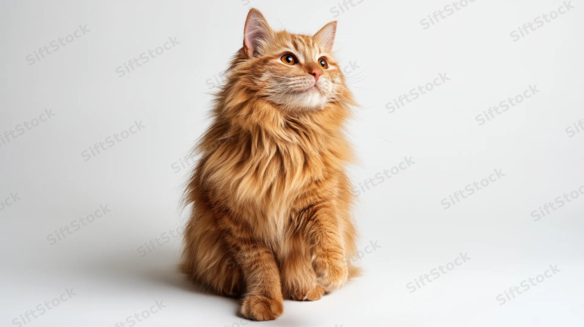 Fluffy orange tabby cat sitting and looking up in a white studio setting