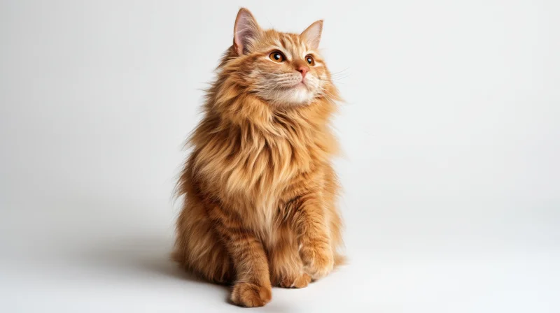 Fluffy orange tabby cat sitting and looking up in a white studio setting