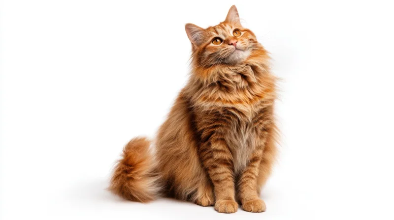 Fluffy orange tabby cat sitting and looking up against white background