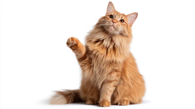 Fluffy orange tabby cat sitting and raising one paw against white background