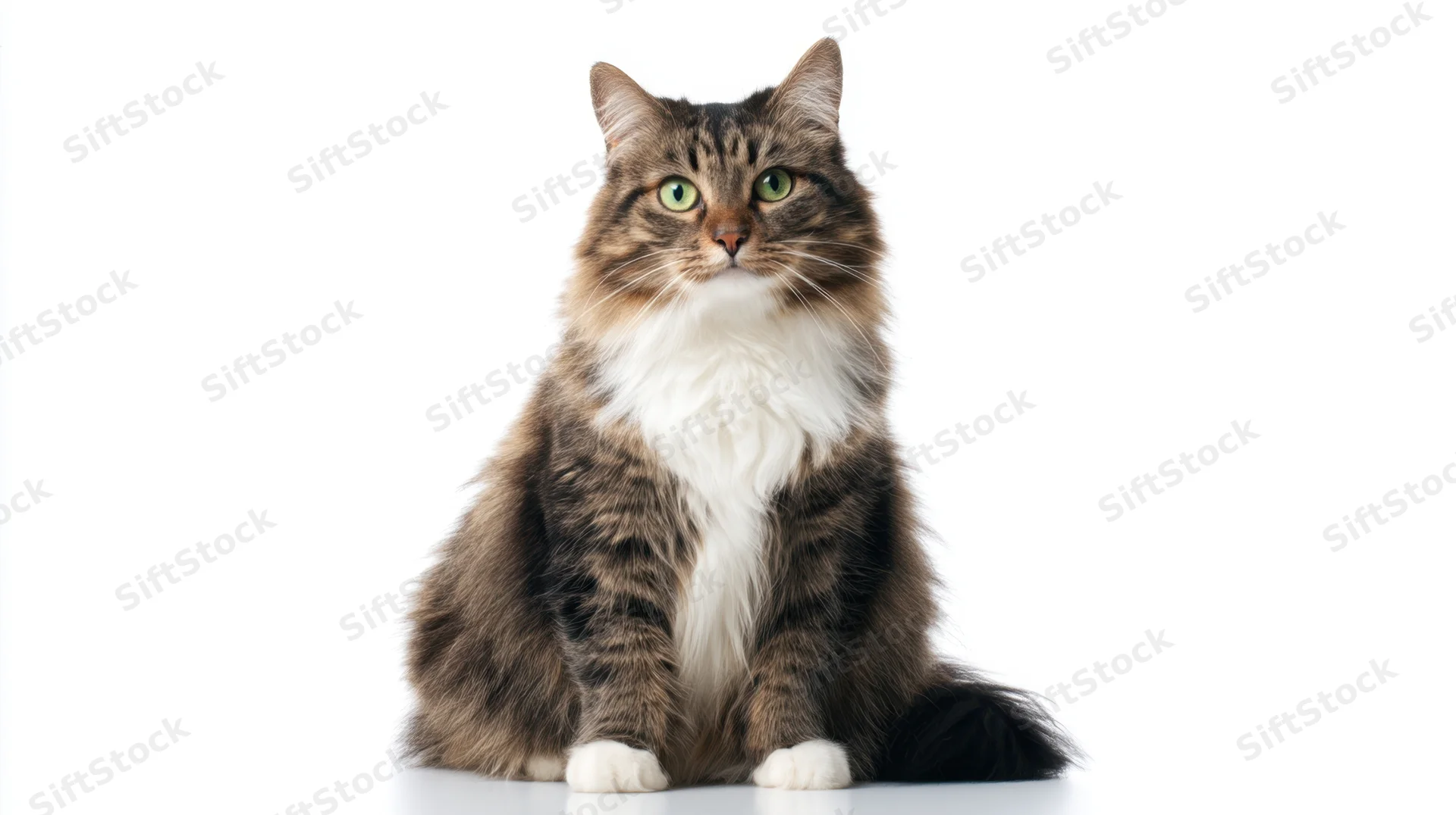 Fluffy tabby cat sitting upright on white background