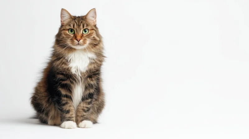 Fluffy tabby cat sitting on white background with copyspace to the right