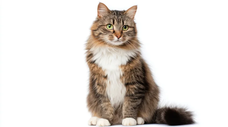 Fluffy tabby cat sitting alertly on white background