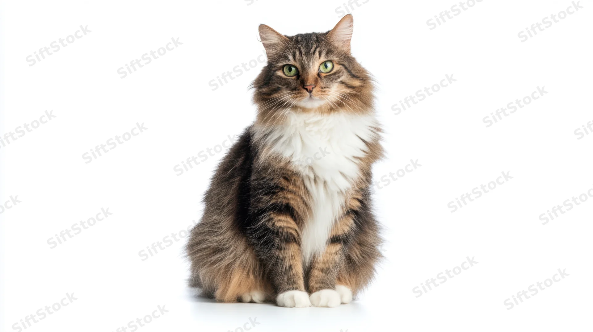 Fluffy tabby cat sitting alertly on white background